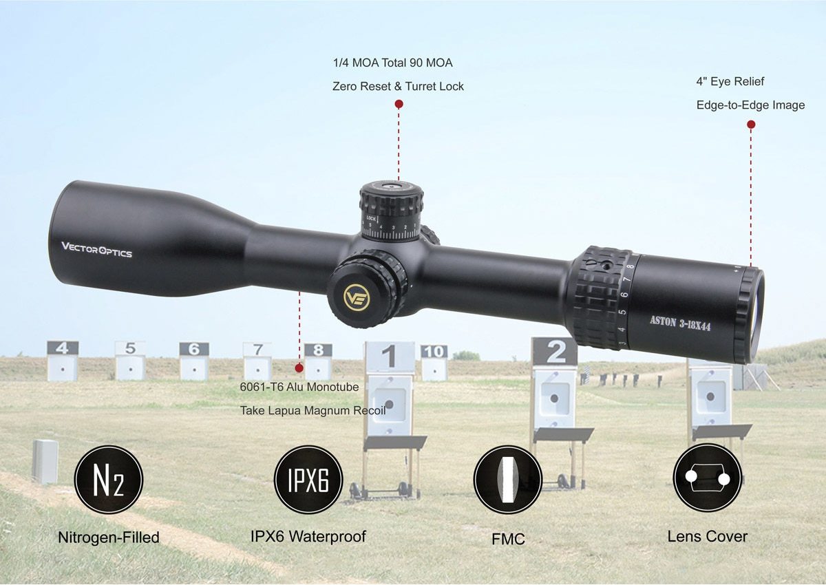 Optics Aston 3-18x44 Tactical riflescope showcasing its sleek design and advanced features for precision shooting.